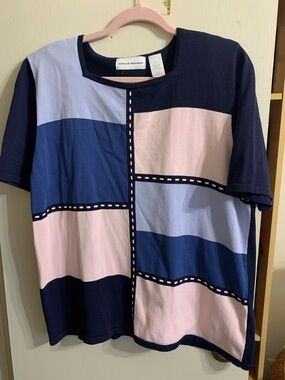 Alfred Dunner Navy, Light Pink & Periwinkle Colorblock Short Sleeve Top